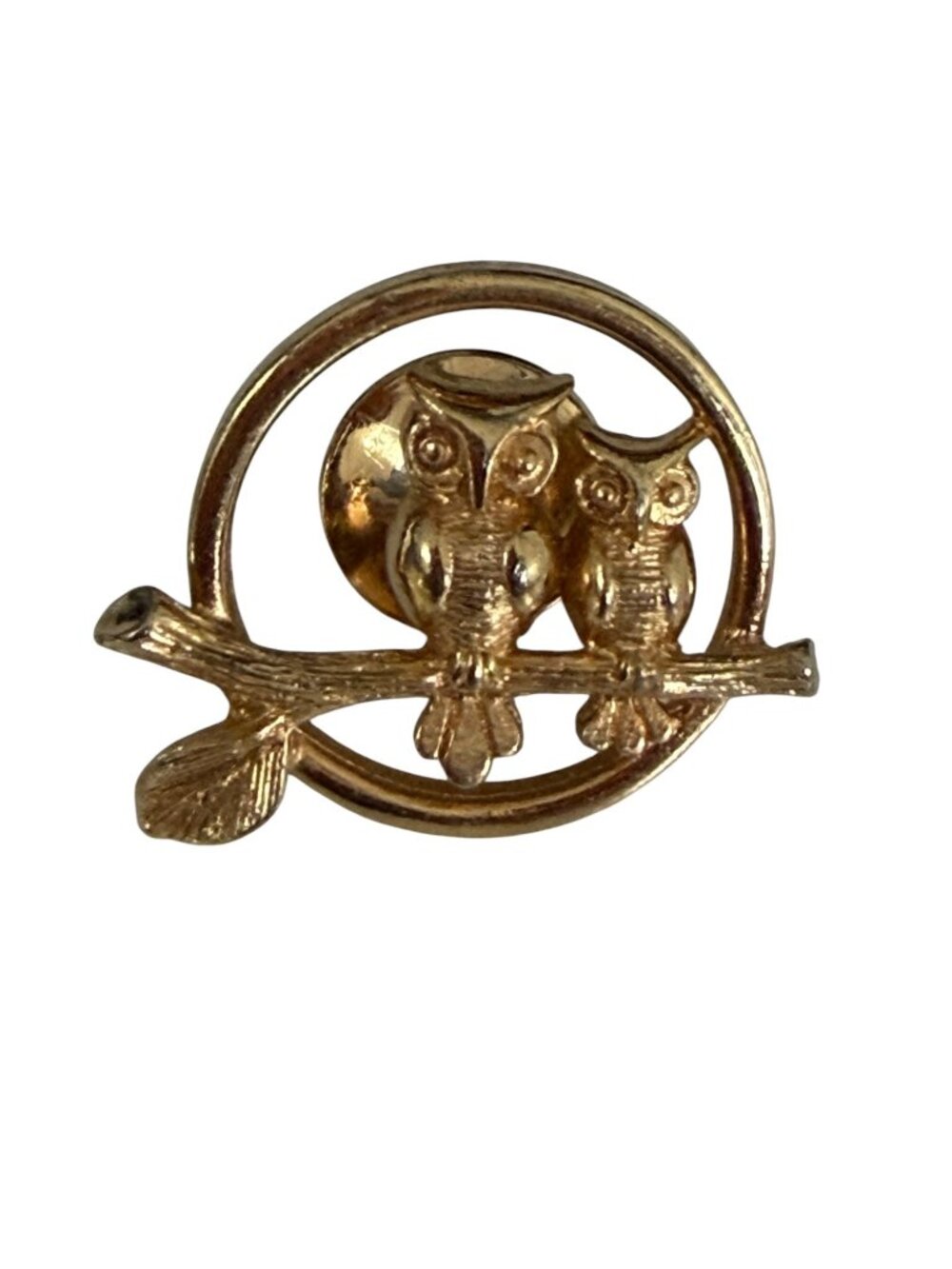 Vintage Avon Two Owls on Branch Gold Tone Lapel Pin Tie Tack 3/4"